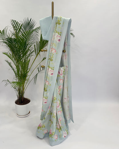 SEABLUE FLOWER BUNCH SOFTSILK SAREE WITH SILK BORDER