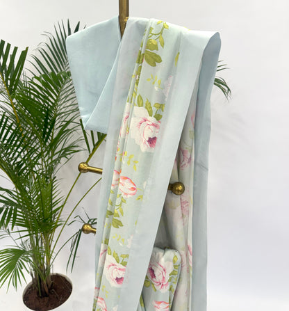 SEABLUE FLOWER BUNCH SOFTSILK SAREE WITH SILK BORDER
