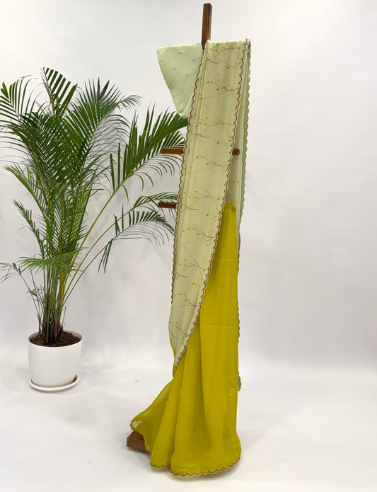 MINTREEN HALF AND HALD ORGANZA SAREE WITH BEAD SCALLOP