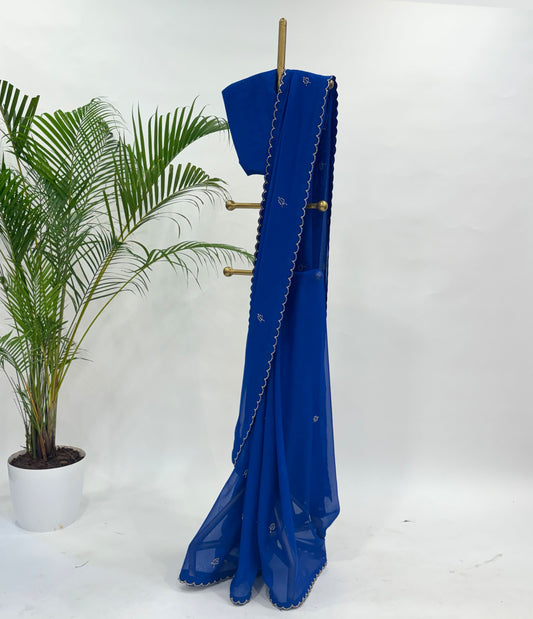 DARK BLUE BEADS LEAFBUTAS ORGANZA SAREE