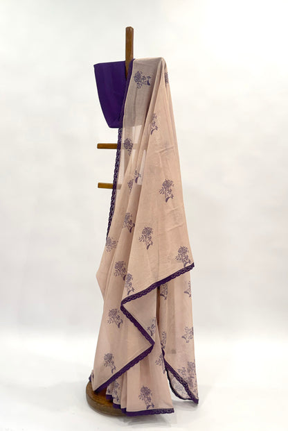 Blush KUMRI BUTAS MUL SAREE WITH PURPLE CROCHET LACE