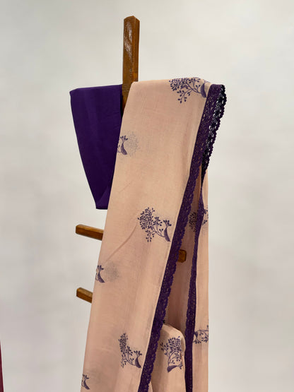Blush KUMRI BUTAS MUL SAREE WITH PURPLE CROCHET LACE