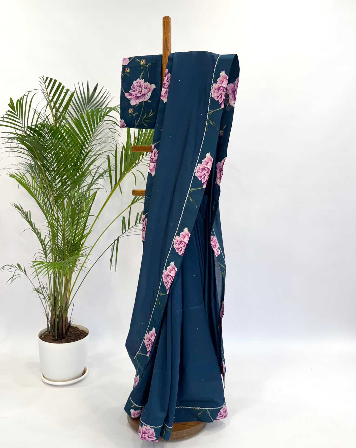 TEAL BLUE PEONIA BORDER CHANDERI SILK SAREE