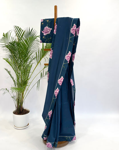 TEAL BLUE PEONIA BORDER CHANDERI SILK SAREE