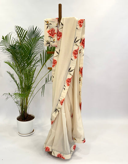 IVORY PEONIA BORDER CHANDERI SILK SAREE