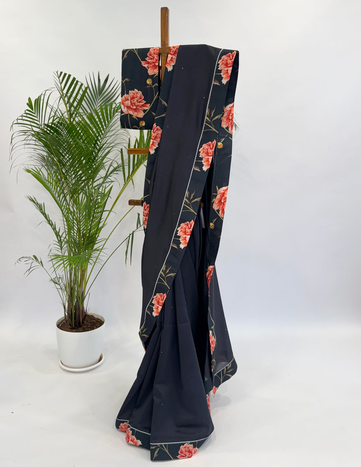 BLACK PEONIA BORDER CHANDERI SILK SAREE