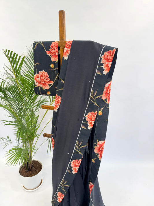 BLACK PEONIA BORDER CHANDERI SILK SAREE