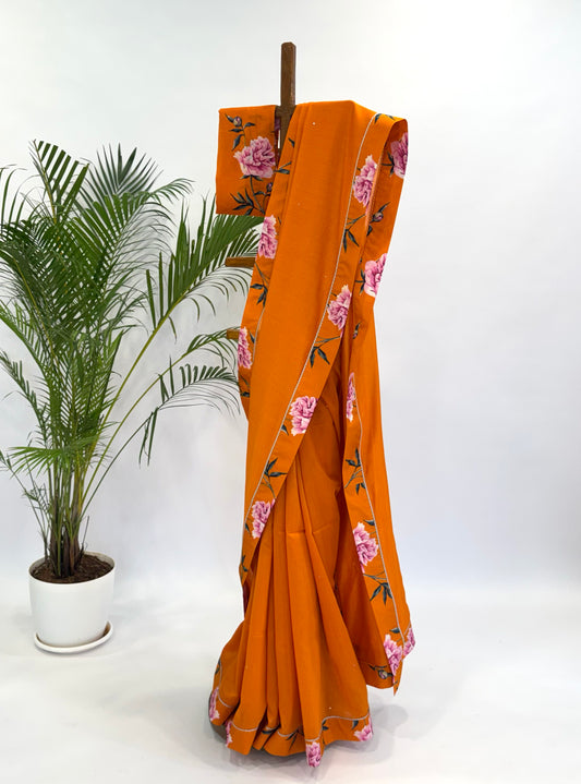 ORANGE PEONIA BORDER CHANDERI SILK SAREE