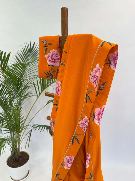 ORANGE PEONIA BORDER CHANDERI SILK SAREE