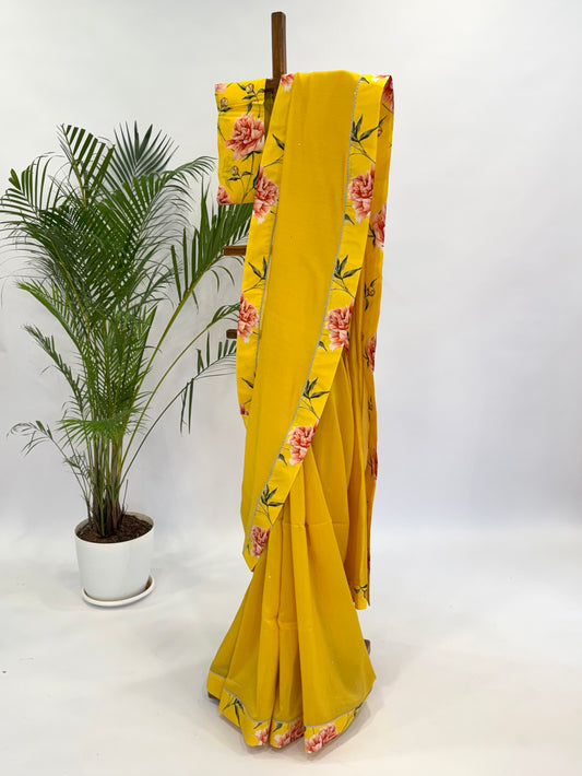 YELLOW PEONIA BORDER CHANDERI SILK SAREE