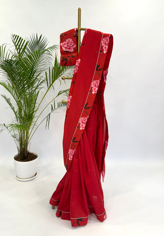 RED PEONIA BORDER CHANDERI SILK SAREE