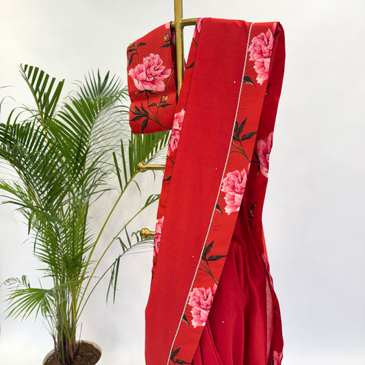 RED PEONIA BORDER CHANDERI SILK SAREE