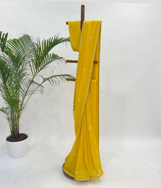YELLOW PEARL LEAFBUTAS ORGANZA SAREE
