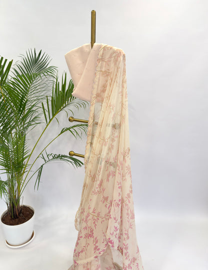 IVORY GRADIENT FOLIOLE GEORGETTE SAREE WITH BEAD SCALLOP