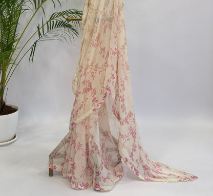 IVORY GRADIENT FOLIOLE GEORGETTE SAREE WITH BEAD SCALLOP
