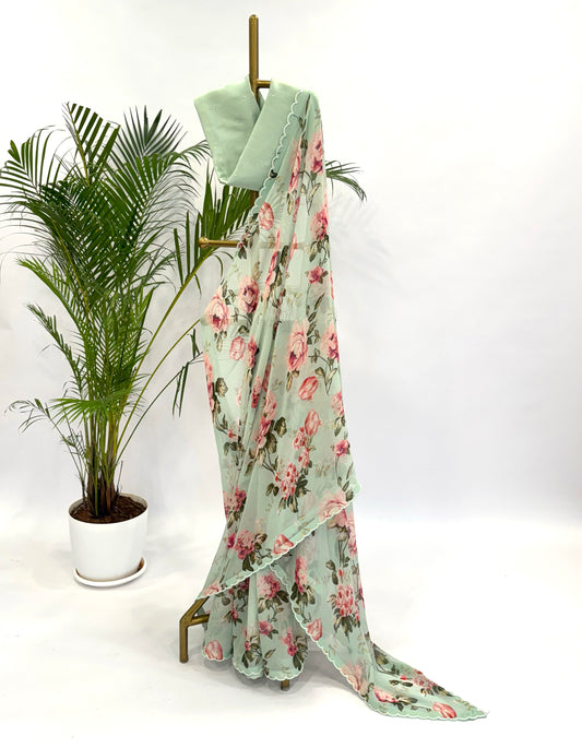SEAGREEN FLOWER BUNCH PEARL SCALLOP SAREE
