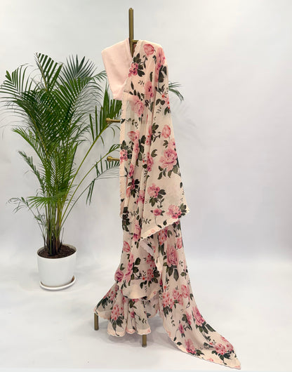 BLUSH PINK FLOWER BUNCH PEARL SCALLOP SAREE