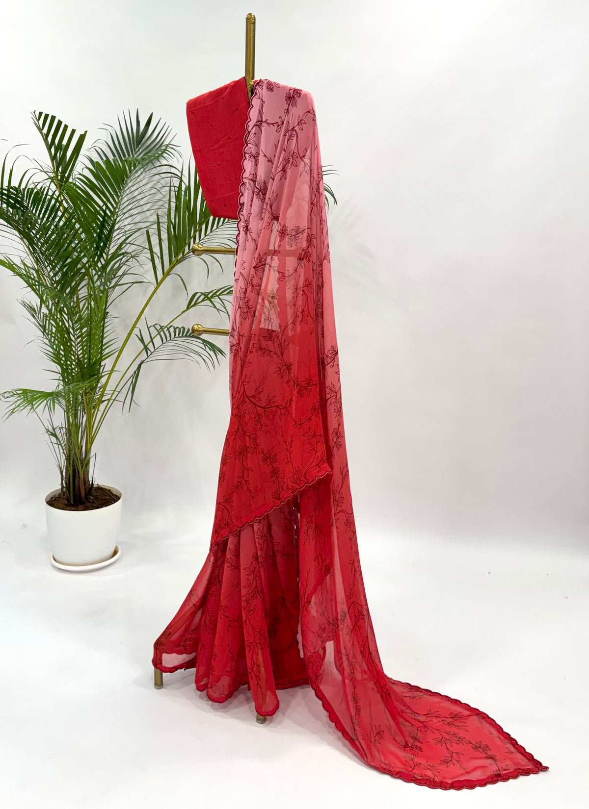 RED AND PEACH OMBRE OT FOLIOLE ORGANZA SAREE WITH BEAD SCALLOP