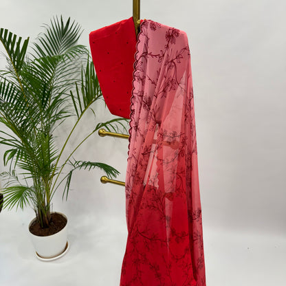 RED AND PEACH OMBRE OT FOLIOLE ORGANZA SAREE WITH BEAD SCALLOP