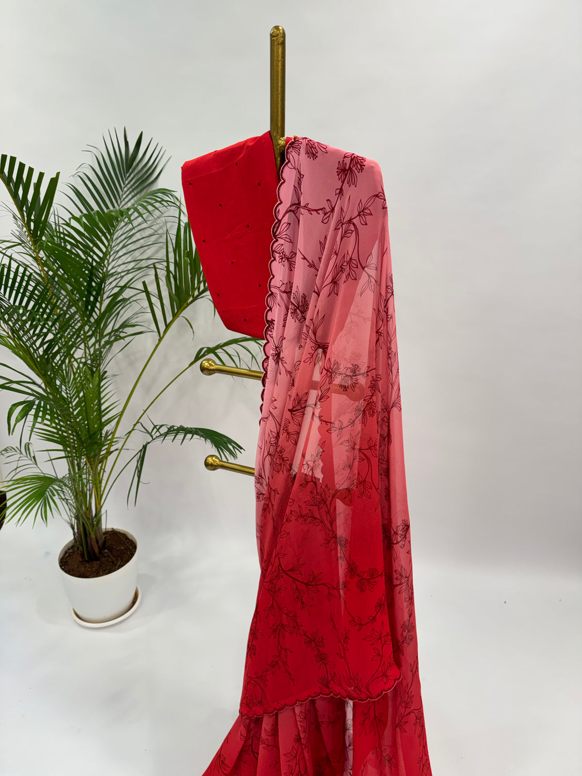 RED AND PEACH OMBRE OT FOLIOLE ORGANZA SAREE WITH BEAD SCALLOP