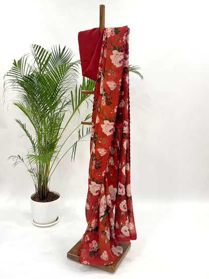 RED FLOWER BUNCH BEAD SCALLOP ORGANZA SAREE