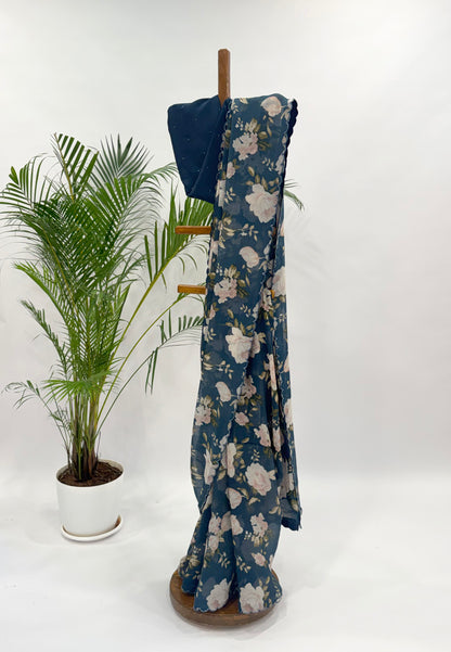 MIDNIGHT BLUE FLOWER BUNCH BEAD SCALLOP ORGANZA SAREE