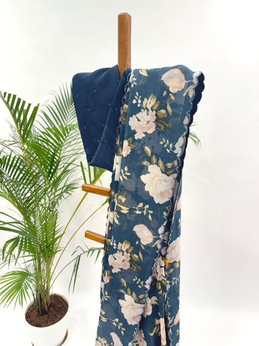 MIDNIGHT BLUE FLOWER BUNCH BEAD SCALLOP ORGANZA SAREE