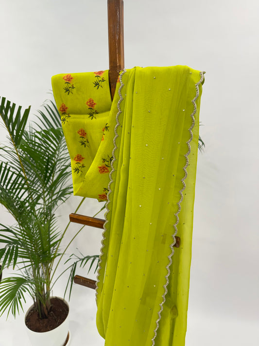 LIMEGREEN MM SCALLOP ORGANZA SAREE WITH PEONIA MOTIF BLOUSE FABRIC