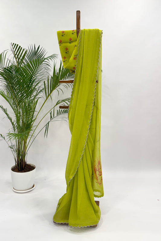 LIMEGREEN MM SCALLOP ORGANZA SAREE WITH PEONIA MOTIF BLOUSE FABRIC