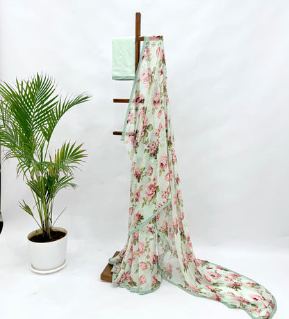 SEAGREEN FLOWER BUNCH GEORGETTE SAREE