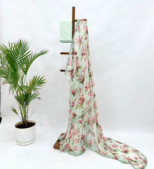 SEAGREEN FLOWER BUNCH GEORGETTE SAREE