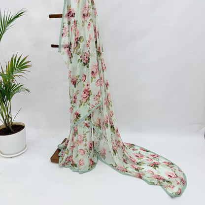 SEAGREEN FLOWER BUNCH GEORGETTE SAREE