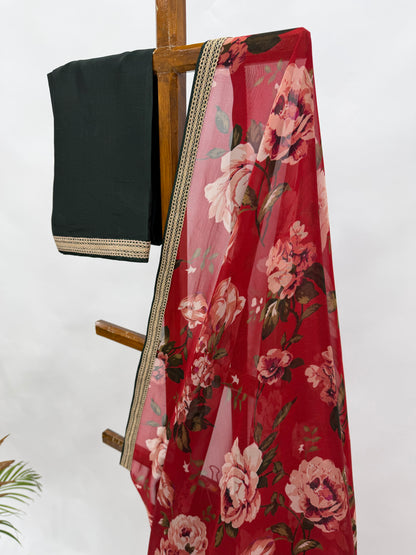 RED FLOWER BUNCH ORGANZA SAREE WITH CONTRAST BORDER