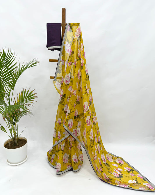 MUSTARD FLOWER BUNCH ORGANZA SAREE