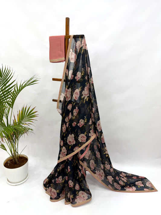 DARK BLUE FLOWER BUNCH ORGANZA SAREE