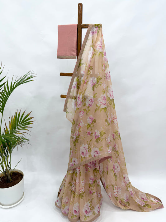 BEIGE FLOWER BUNCH ORGANZA SAREE