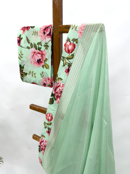 SEAGREEN FLOWER BUNCH SILK BORDER CREPE SILK SAREE