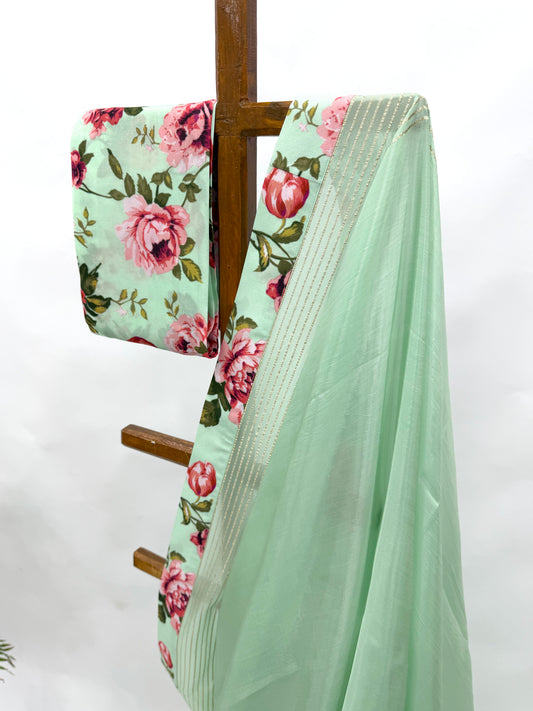 SEAGREEN FLOWER BUNCH SILK BORDER CREPE SILK SAREE