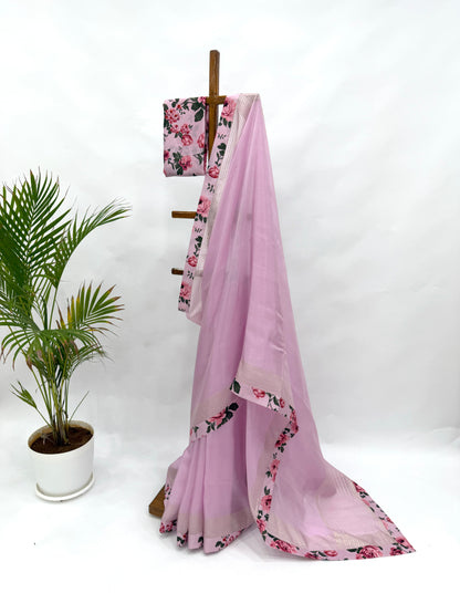 BABYPINK FLOWER BUNCH SILK BORDER CREPE SILK SAREE