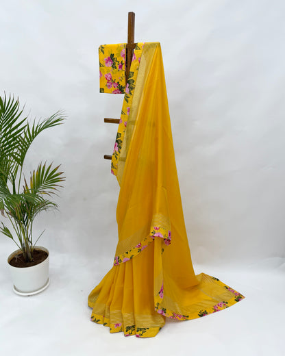 YELLOW FLOWER BUNCH SILK BORDER CREPE SILK SAREE