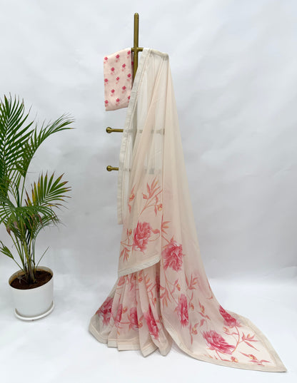 IVORY SINGLE PEONIA BORDER GEORGETTE SAREE WITH SILK BORDER