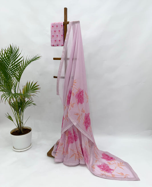 LAVENDER PINK SINGLE PEONIA BORDER GEORGETTE SAREE WITH SILK BORDER