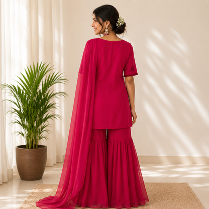 Pinkish Red georegtte Flowers Sharara set