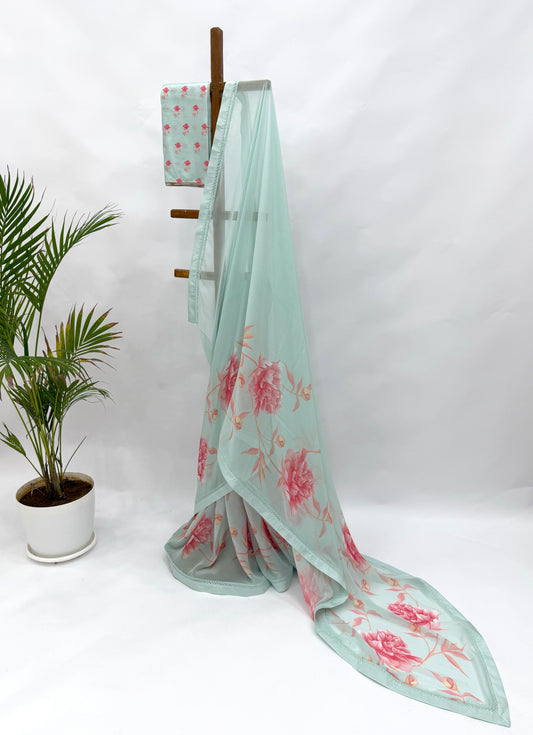 SEABLUE SINGLE PEONIA BORDER GEORGETTE SAREE WITH SILK BORDER