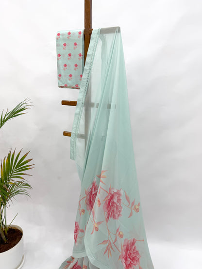 SEABLUE SINGLE PEONIA BORDER GEORGETTE SAREE WITH SILK BORDER