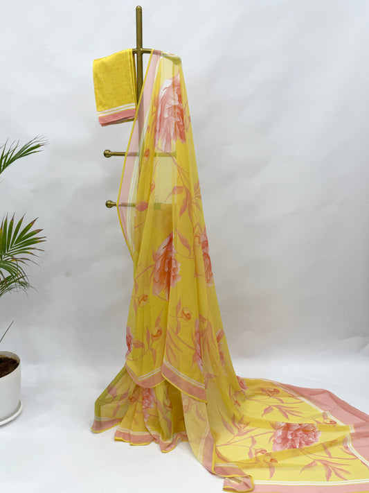 YELLOW  SINGLE PEONIA GEORGETTE SAREE