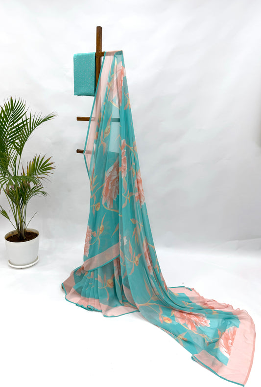 COPPER SULPHATE BLUE SINGLE PEONIA GEORGETTE SAREE