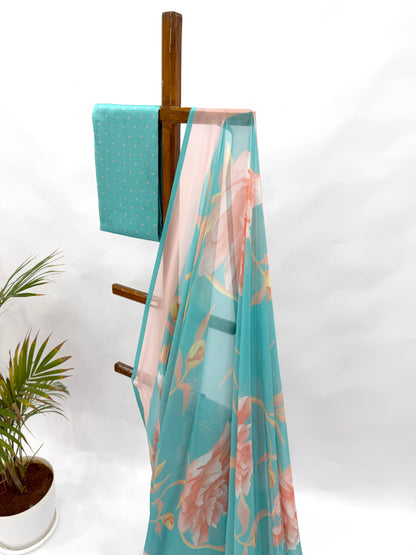 COPPER SULPHATE BLUE SINGLE PEONIA GEORGETTE SAREE