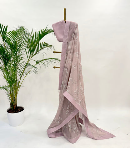 OLDROSE FOLIOLE GEOGRETTE SAREE WITH SILK BORDER