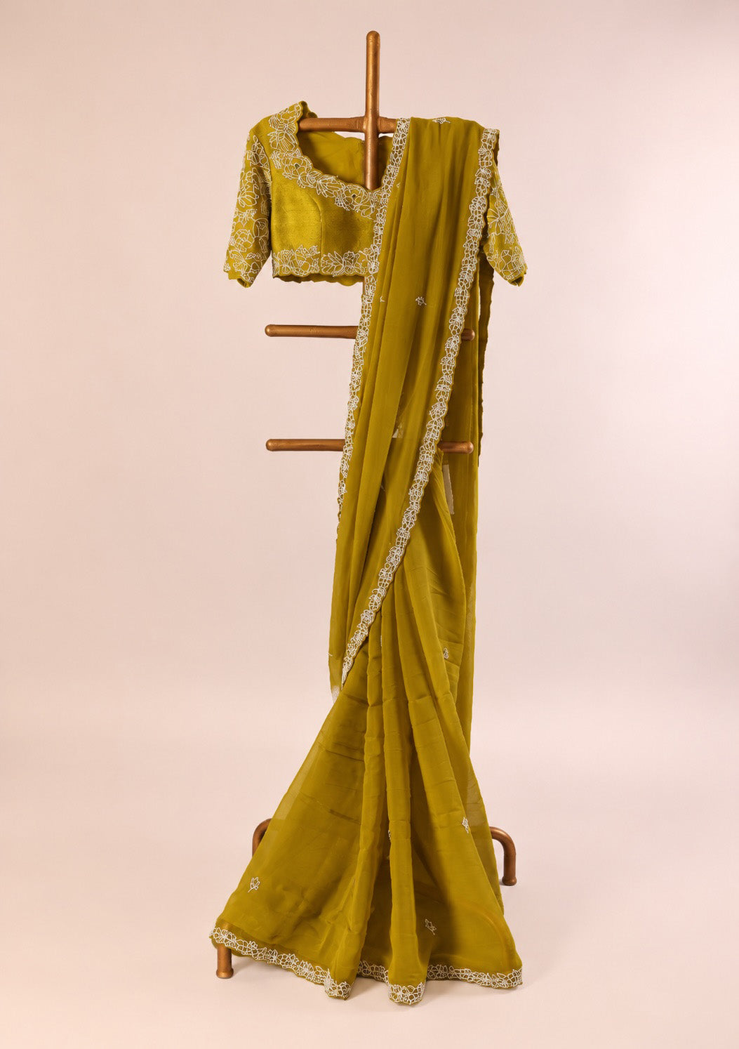 Mehndi Green Pearl beads border Organza Saree with Handembroidery Blouse